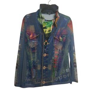 Damee Women's Mock Denim Print Mesh Sheer Jacket w/ Shell Twin Set Sz M